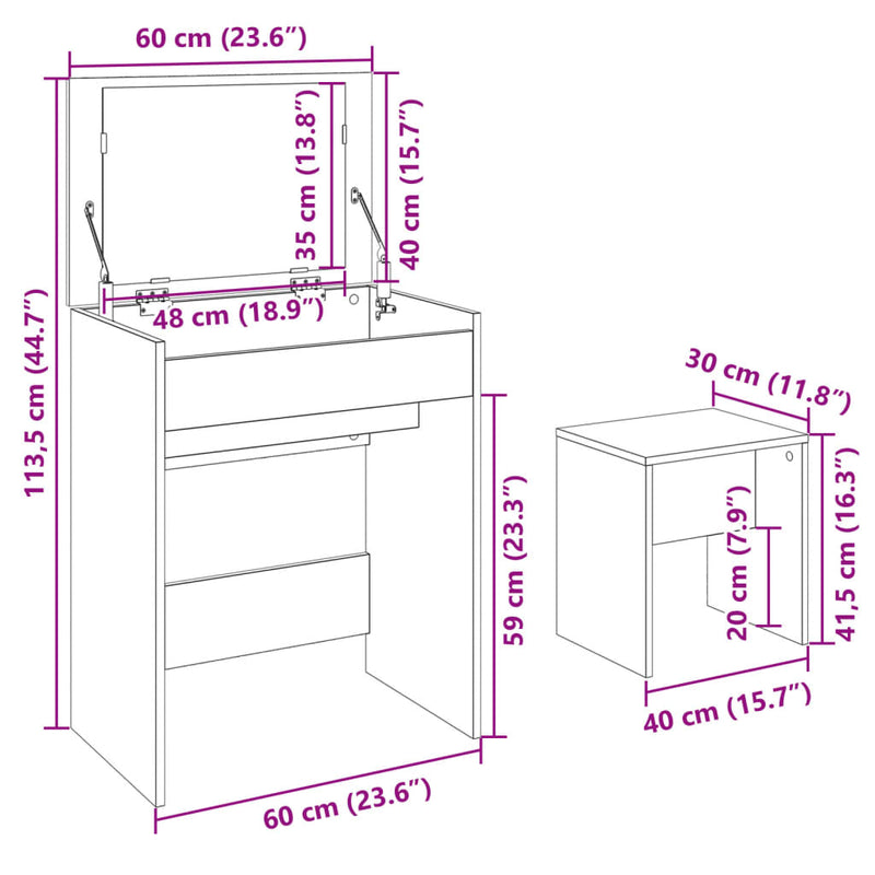 Sminkebord med krakk hvit 60x40x113,5 cm