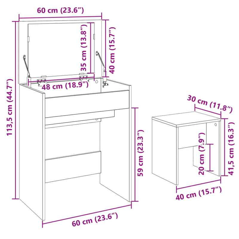 Sminkebord med krakk svart 60x40x113,5 cm