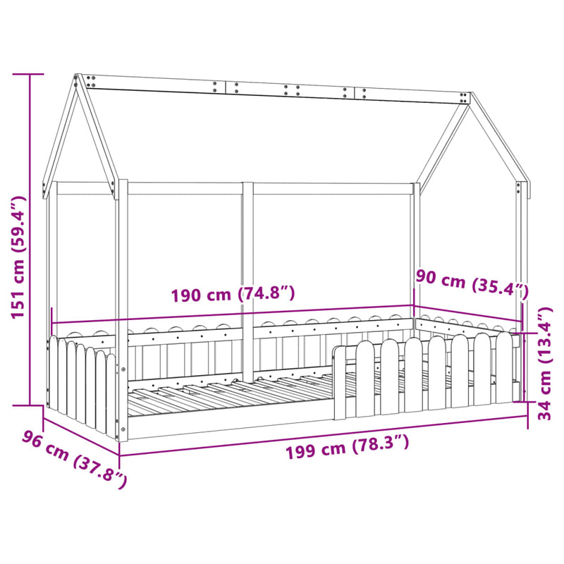 Barnesengeramme hus 90x190 cm heltre furu