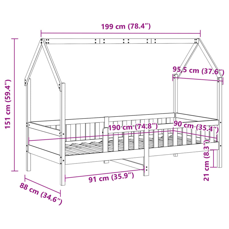 Barnesengeramme hvit 90x190 cm heltre furu