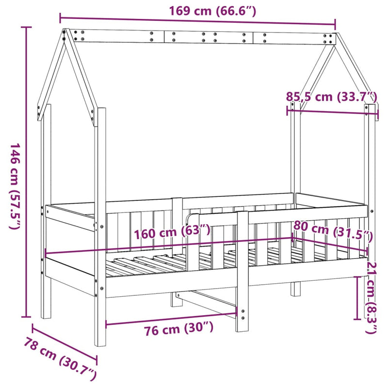 Barneseng med tak voksbrun 80x160 cm heltre furu