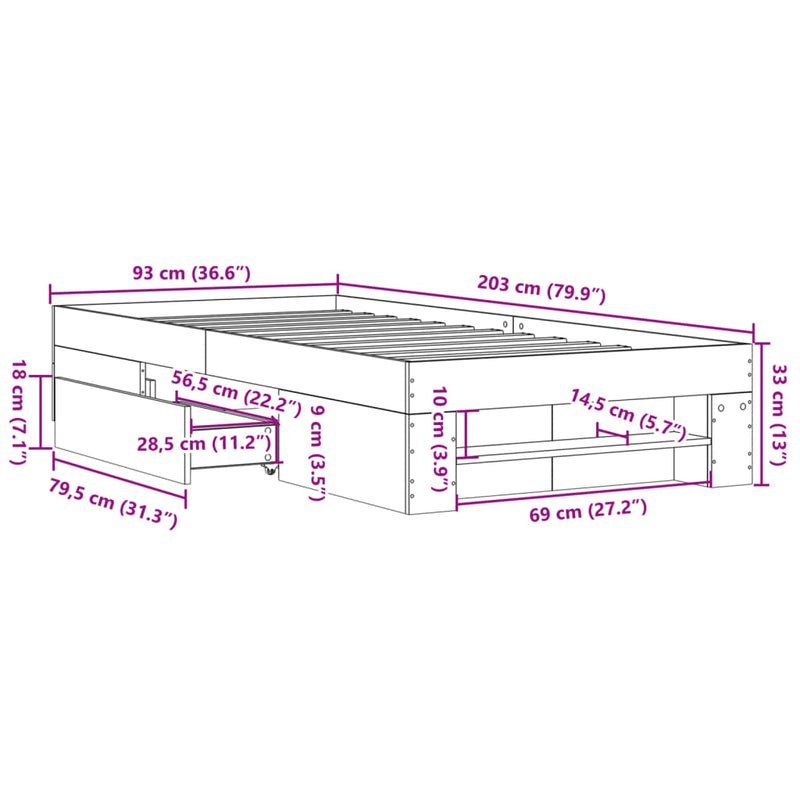 Sengeramme betonggrå 90x200 cm konstruert tre