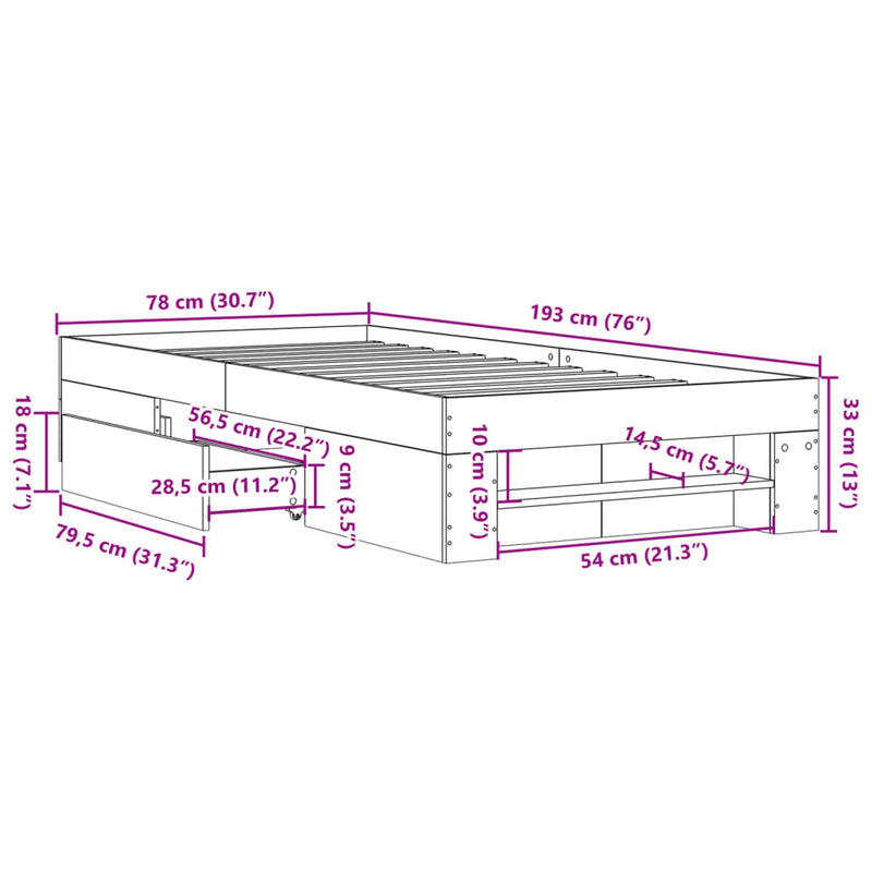 Sengeramme hvit 75x190 cm konstruert tre