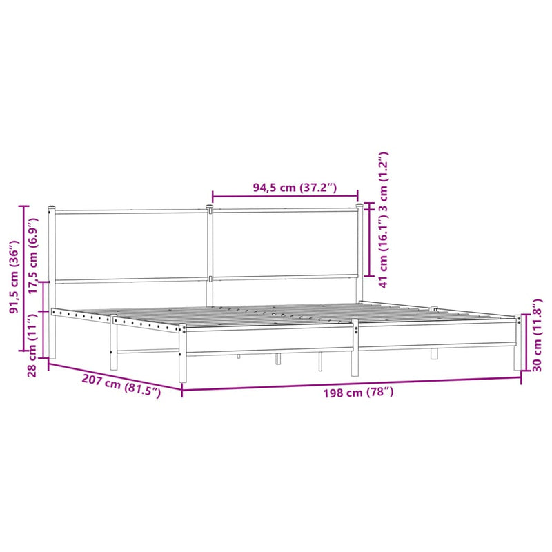 Sengeramme i metall uten madrass brun eik 193x203 cm