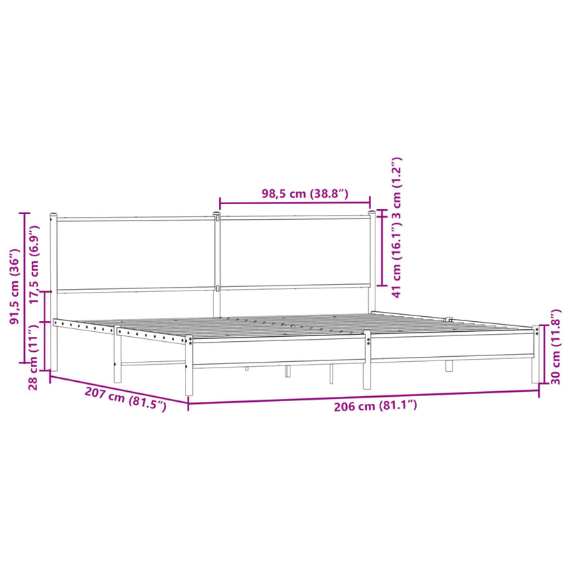 Sengeramme i metall uten madrass brun eik 200x200 cm