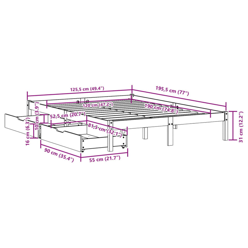 Sengeramme uten madrass hvit 120x190 cm heltre furu