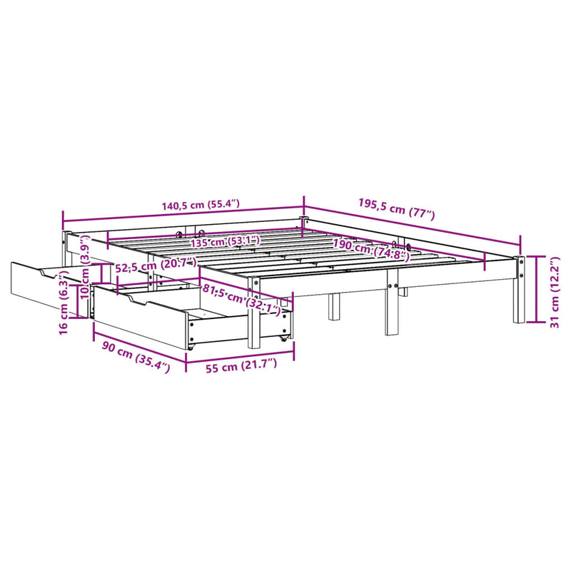 Sengeramme uten madrass hvit 135x190 cm heltre furu