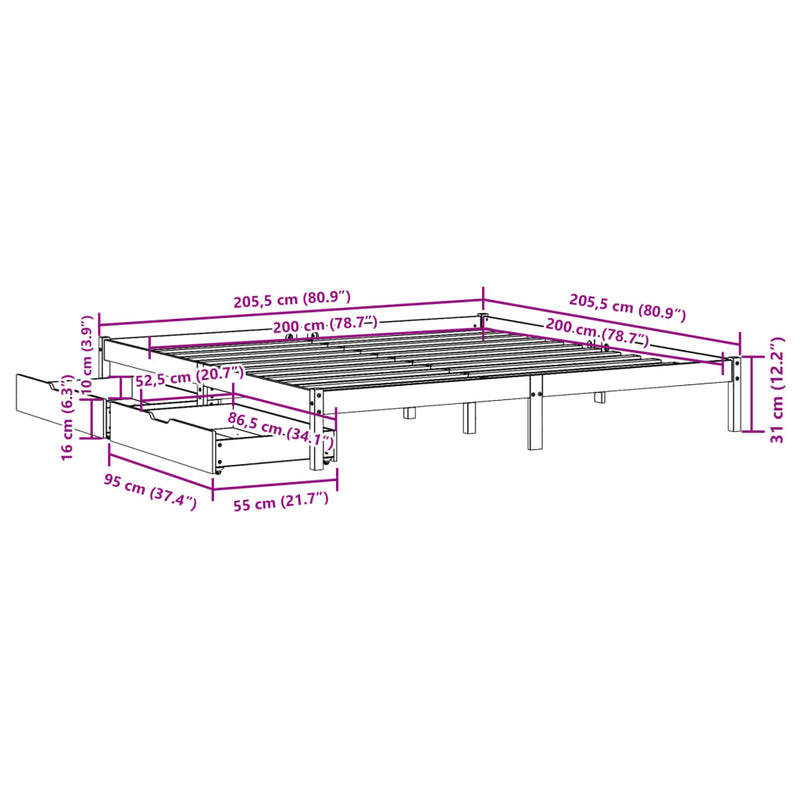 Sengeramme uten madrass voksbrun 200x200 cm heltre furu