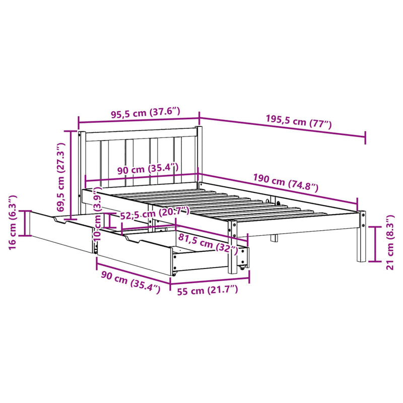 Sengeramme uten madrass 90x190 cm heltre furu