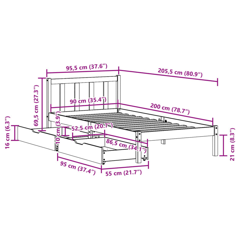 Sengeramme uten madrass 90x200 cm heltre furu