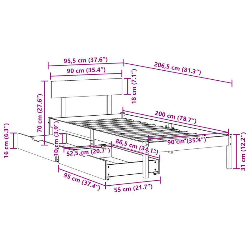 Sengeramme uten madrass 90x200 cm heltre furu