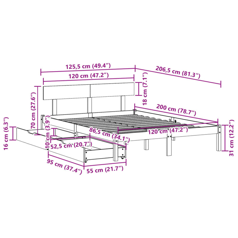 Sengeramme uten madrass hvit 120x200 cm heltre furu