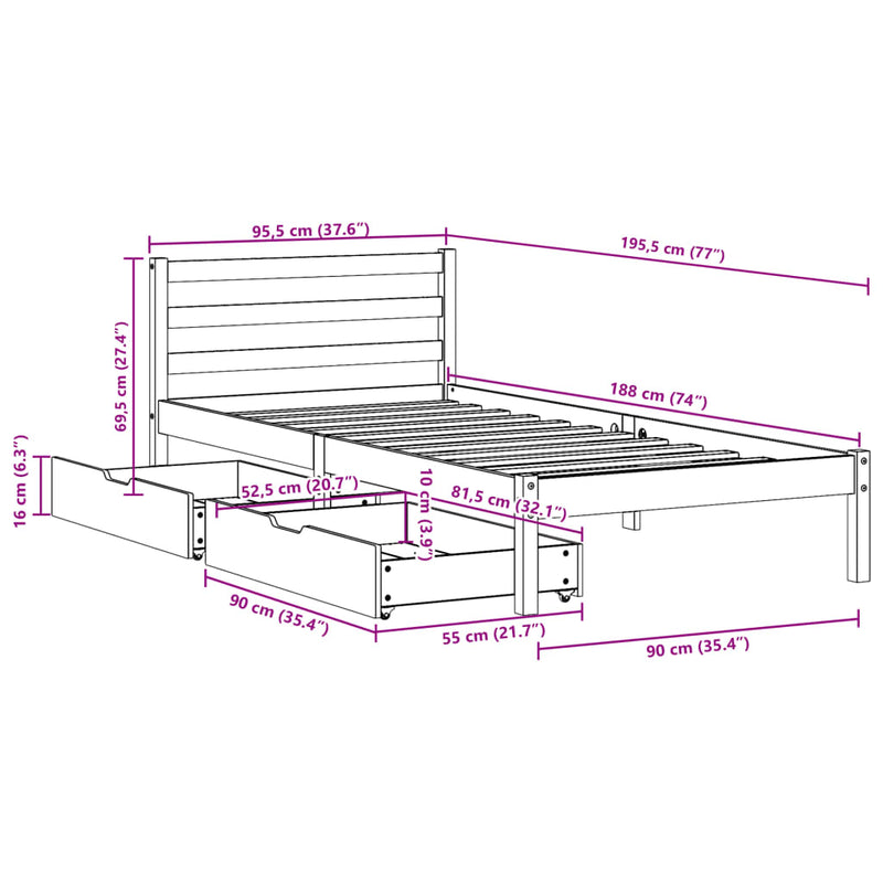 Sengeramme uten madrass 90x190 cm heltre furu