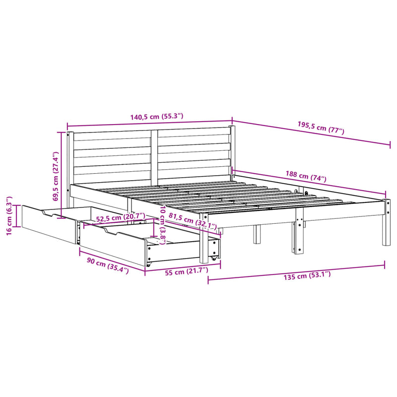 Sengeramme uten madrass hvit 135x190 cm heltre furu