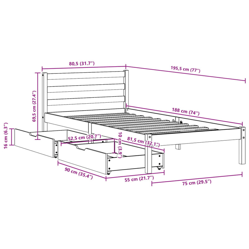 Sengeramme uten madrass voksbrun 75x190 cm heltre furu