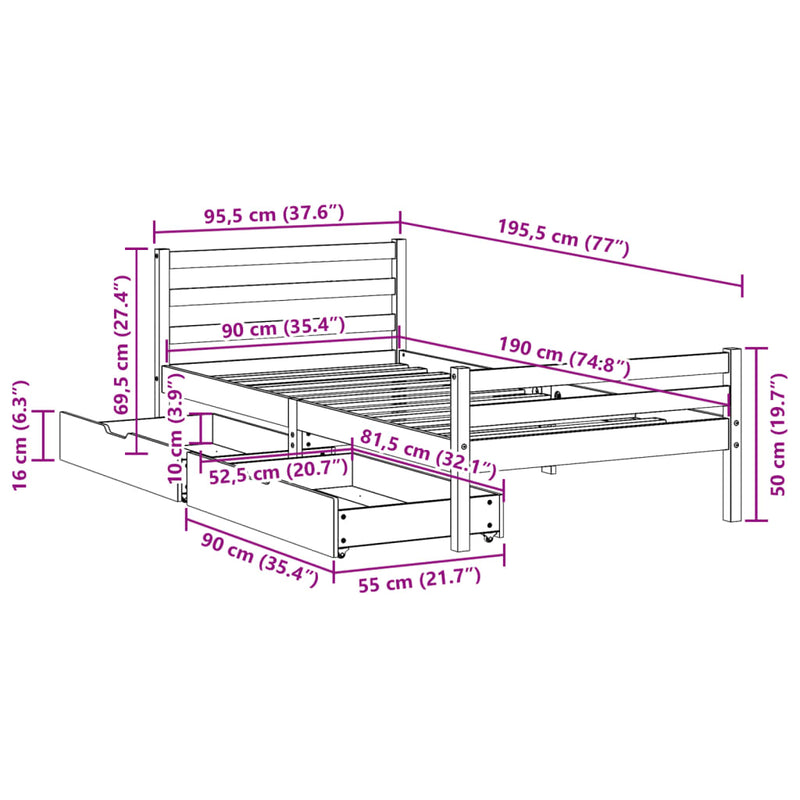 Sengeramme uten madrass hvit 90x190 cm heltre furu