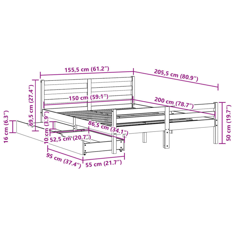 Sengeramme uten madrass 150x200 cm heltre furu