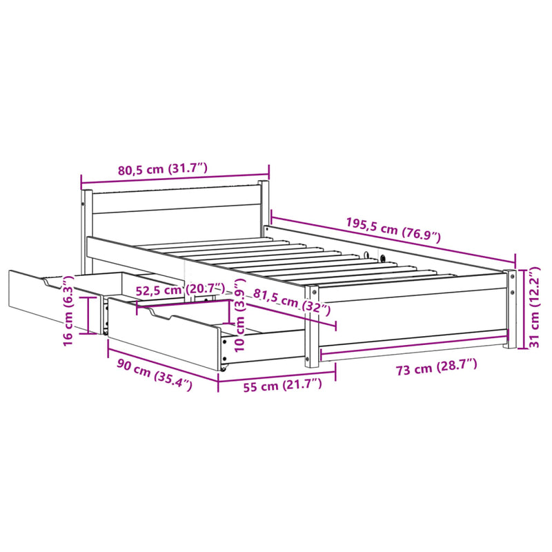 Sengeramme uten madrass 75x190 cm heltre furu