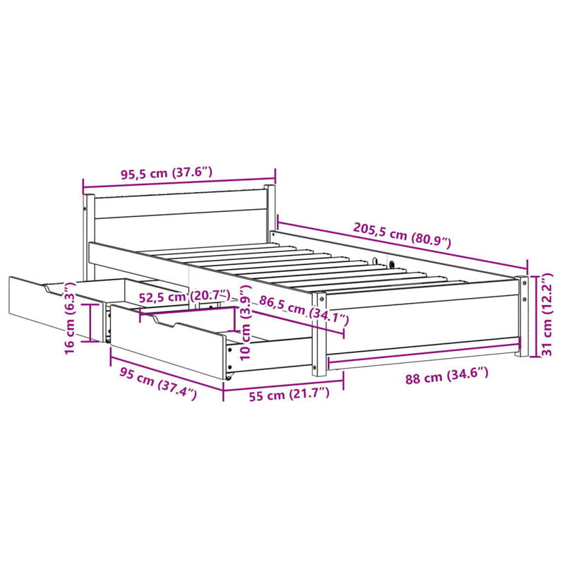 Sengeramme uten madrass 90x200 cm heltre furu