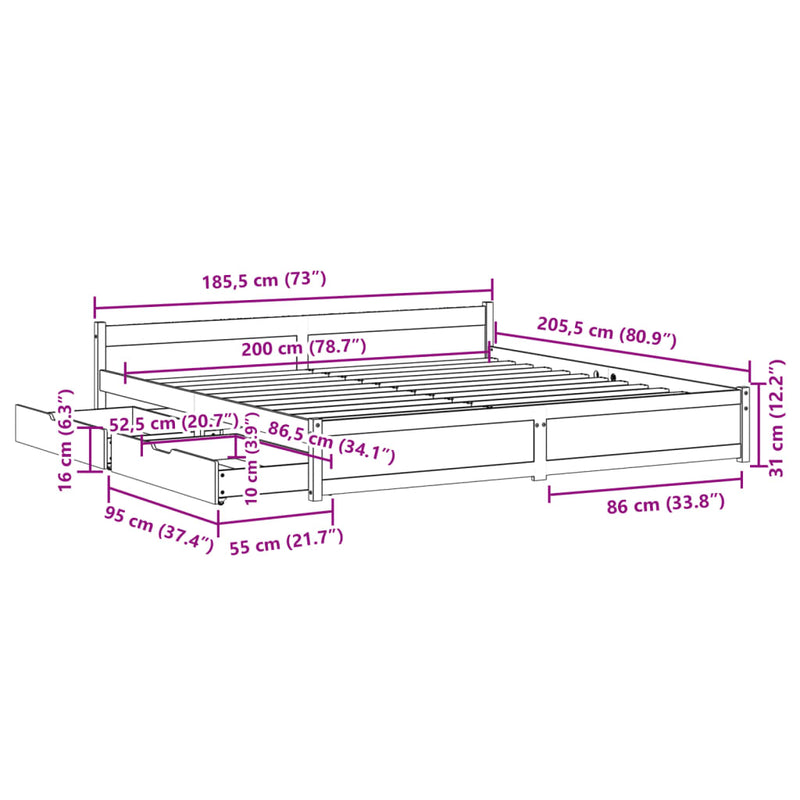 Sengeramme uten madrass 180x200 cm heltre furu