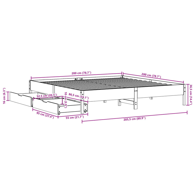 Sengeramme med madrass hvit 200x200 cm heltre furu