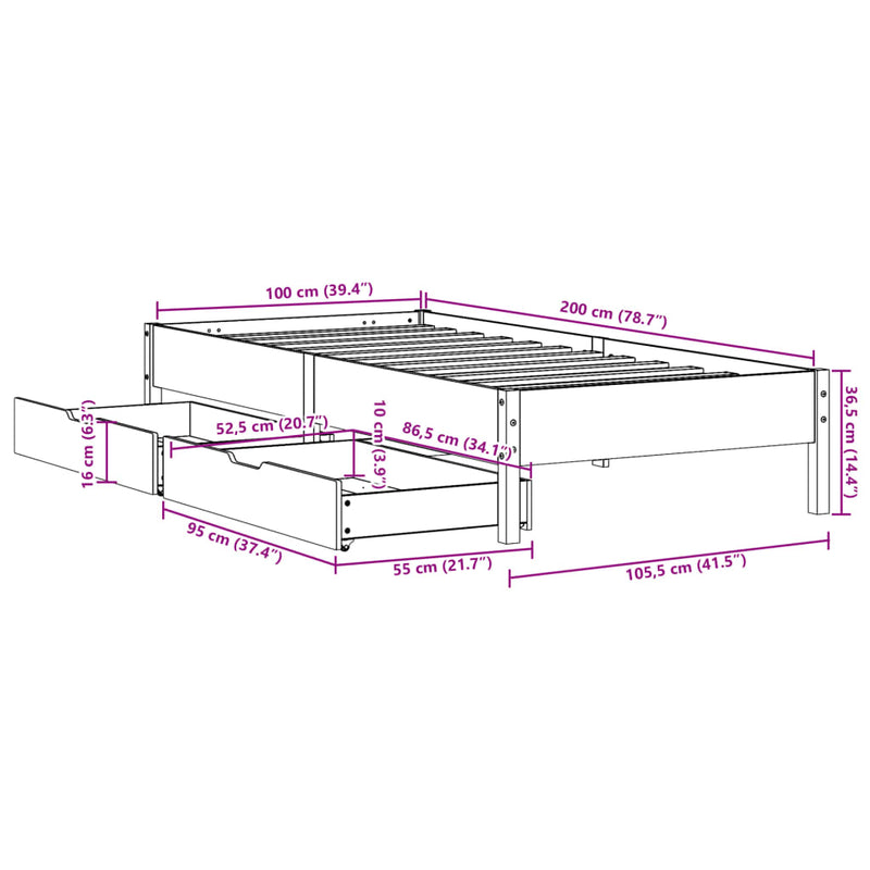 Sengeramme uten madrass voksbrun 100x200 cm heltre furu