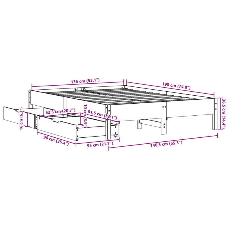 Sengeramme uten madrass hvit 135x190 cm heltre furu