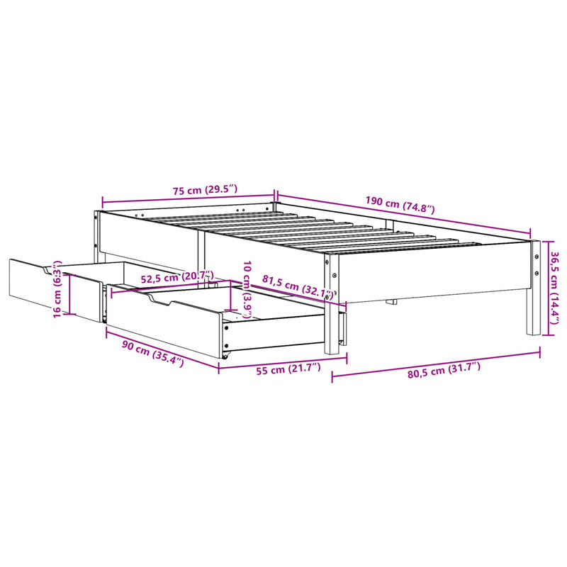 Sengeramme uten madrass hvit 75x190 cm heltre furu