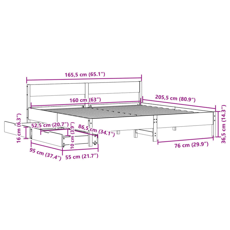 Sengeramme uten madrass voksbrun 160x200 cm heltre furu