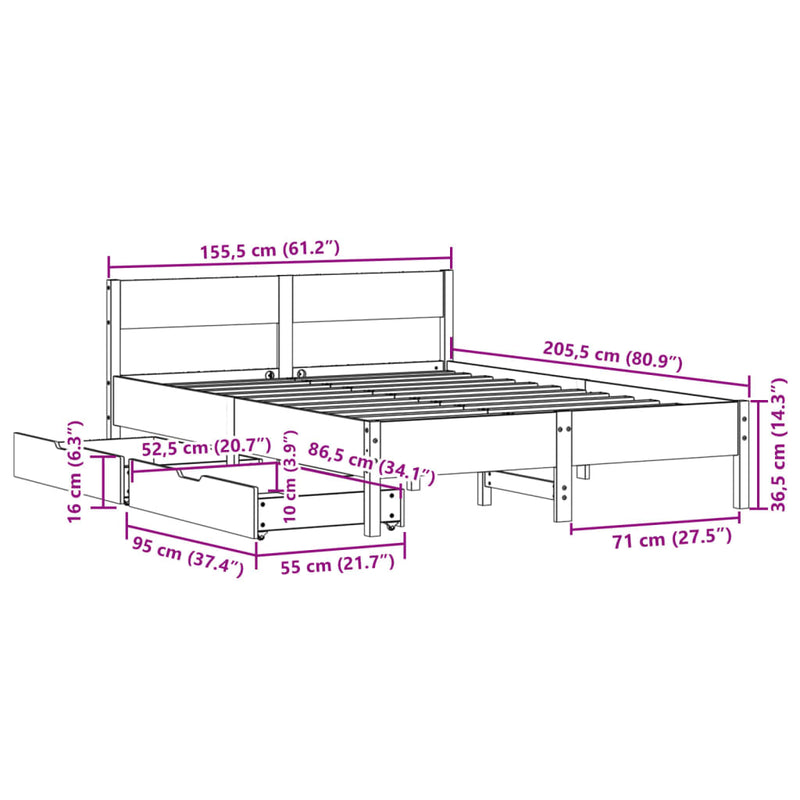 Sengeramme uten madrass hvit 150x200 cm heltre furu