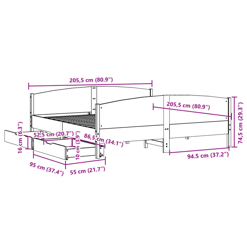 Sengeramme med madrass 200x200 cm heltre furu