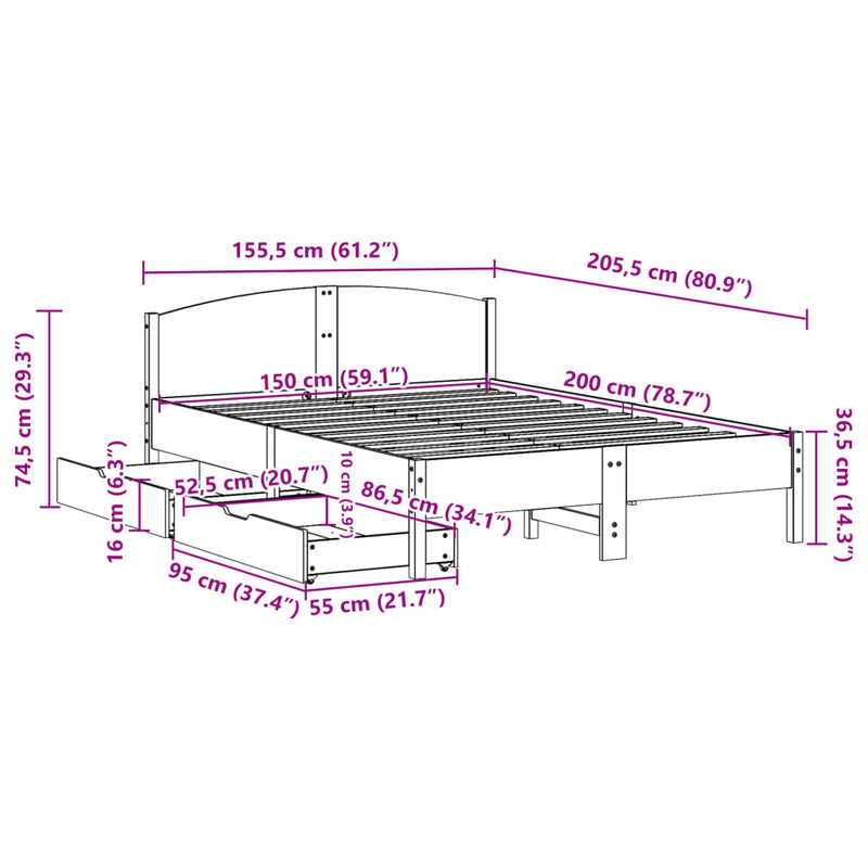 Sengeramme uten madrass hvit 150x200 cm heltre furu