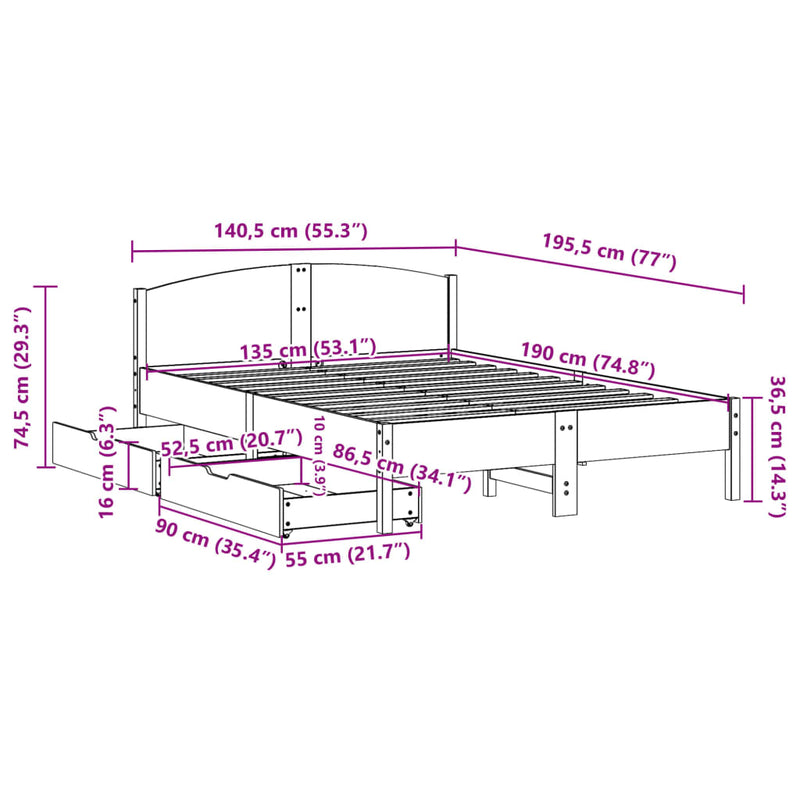 Sengeramme uten madrass brun 135x190 cm heltre furu