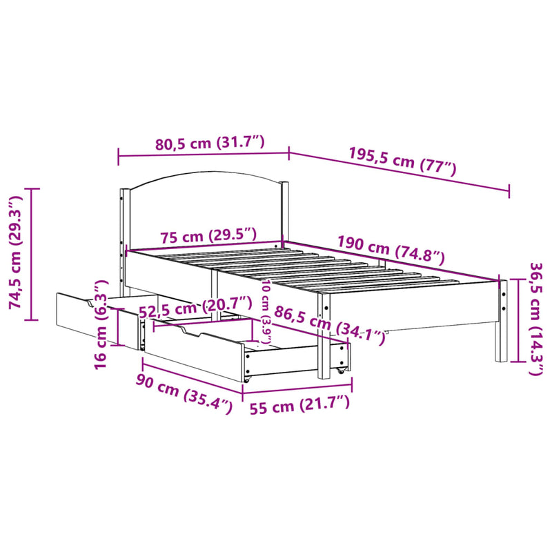 Sengeramme uten madrass hvit 75x190 cm heltre furu