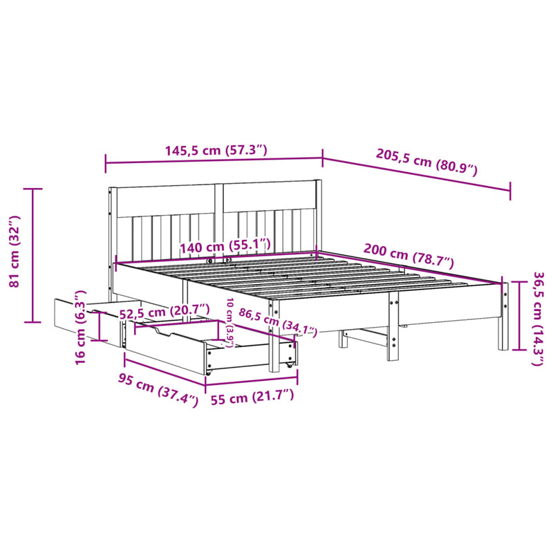 Sengeramme uten madrass voksbrun 140x200 cm heltre furu