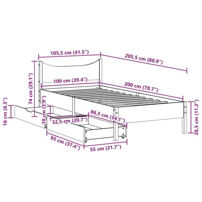 Sengeramme med skuffer 100x200 cm heltre furu