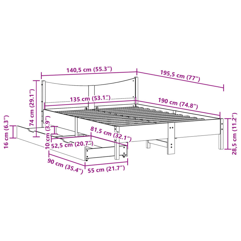 Sengeramme med skuffer 135x190 cm heltre furu