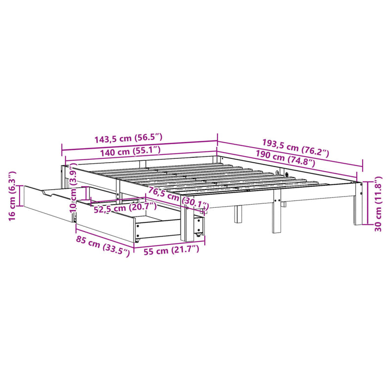 Sengeramme med skuffer 140x190 cm heltre furu