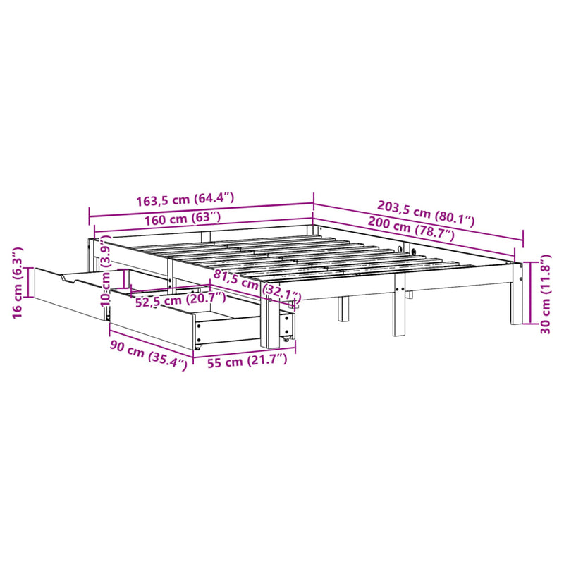 Sengeramme med skuffer hvit 160x200 cm heltre furu