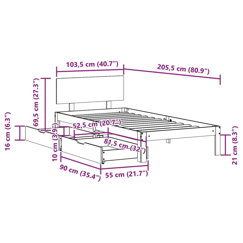 Sengeramme med skuffer hvit 100x200 cm heltre furu