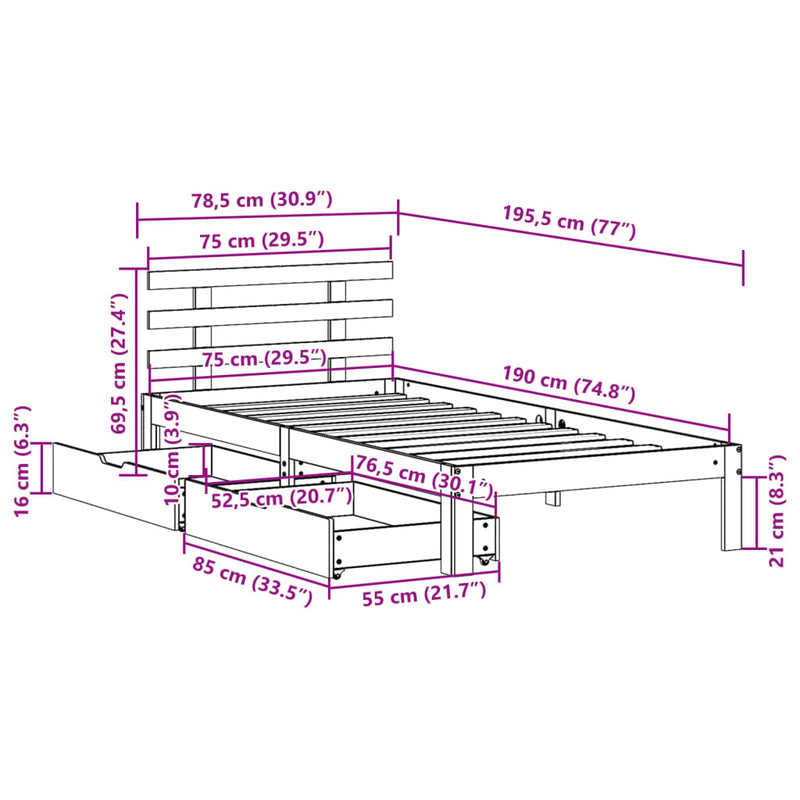 Sengeramme med skuffer 75x190 cm heltre furu