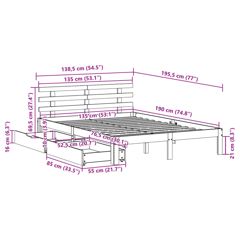 Sengeramme med skuffer 135x190 cm heltre furu