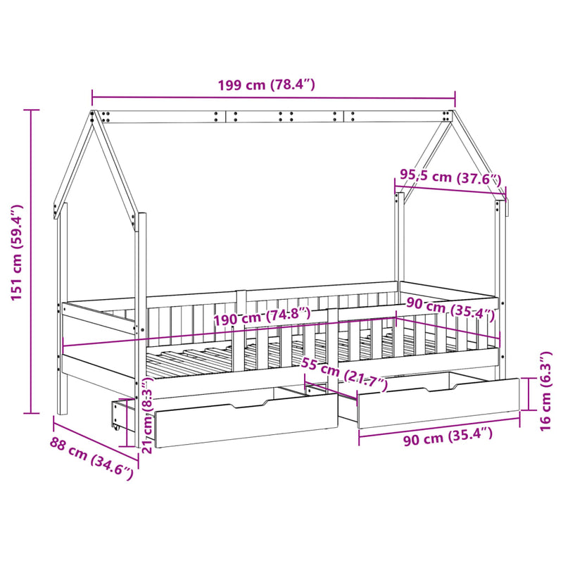 Barnesengeramme med skuffer 90x190 cm heltre furu