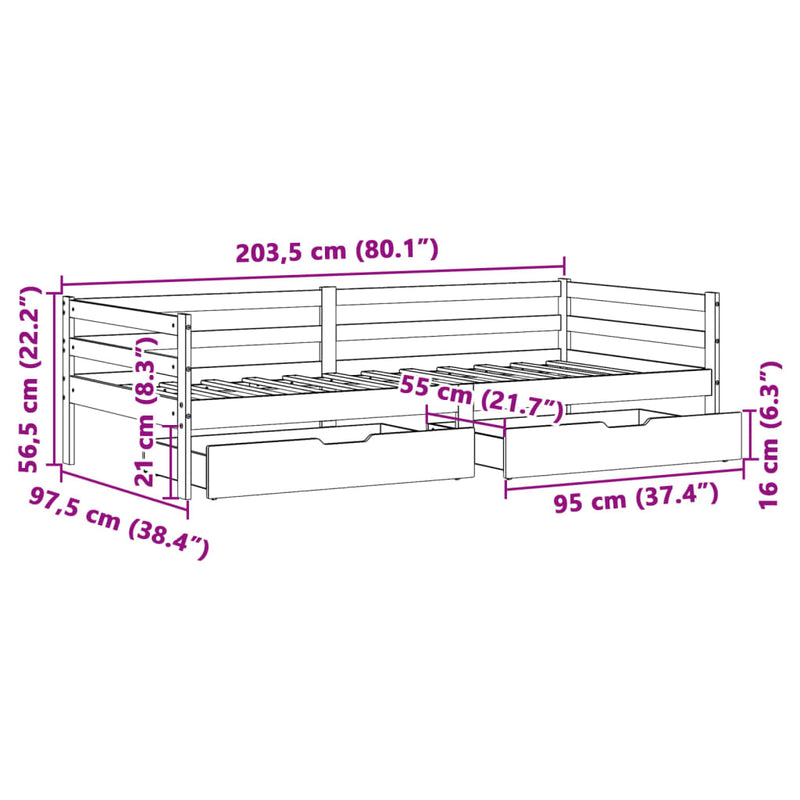 Dagseng med skuffer hvit 90x200 cm heltre furu