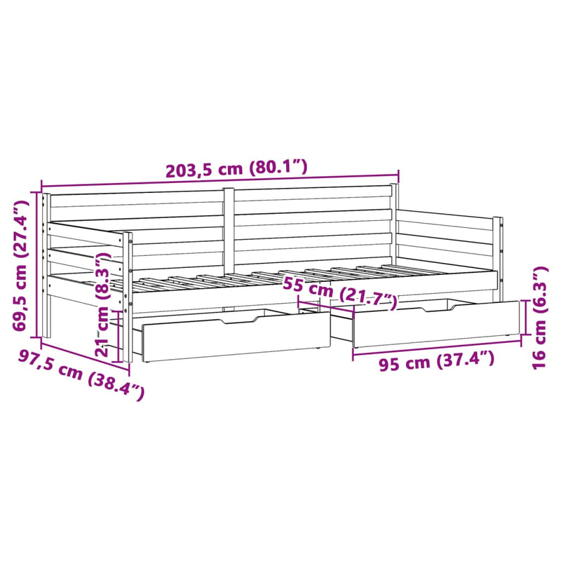 Dagseng med skuffer hvit 90x200 cm heltre furu