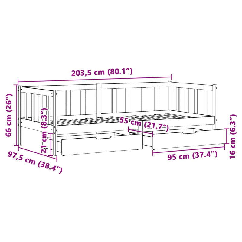 Dagseng med skuffer 90x200 cm heltre furu