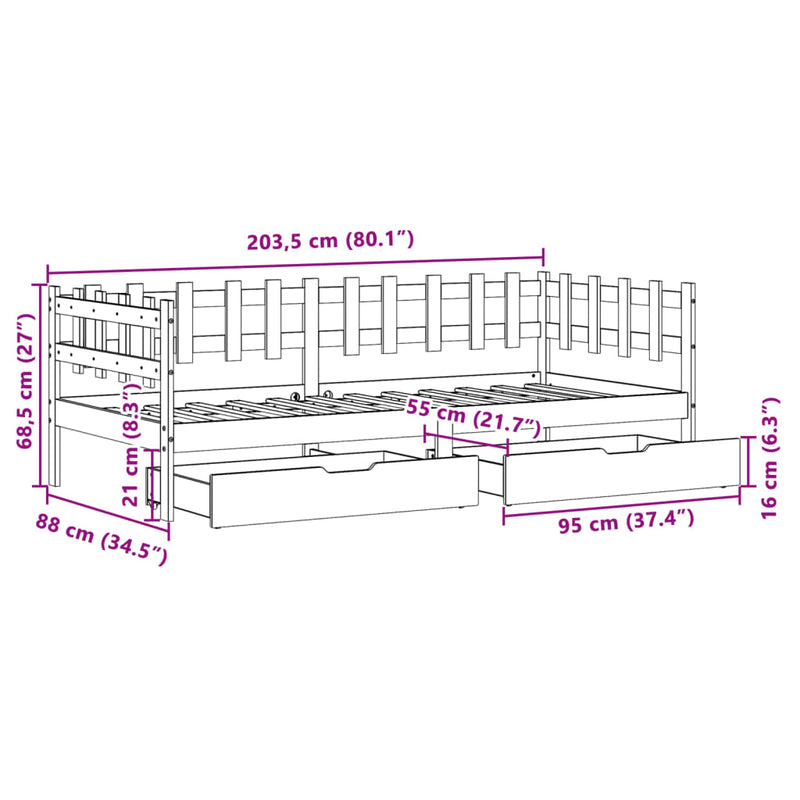 Dagseng med skuffer 90x200 cm heltre furu