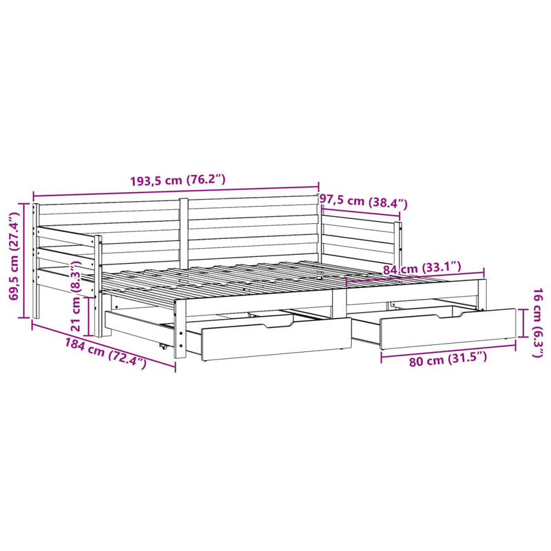 Uttrekkbar dagseng med skuffer 90x190 cm heltre furu