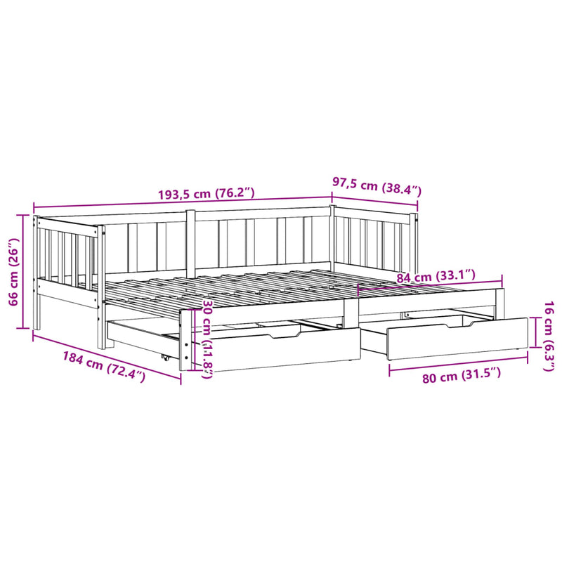 Uttrekkbar dagseng med skuffer 90x190 cm heltre furu