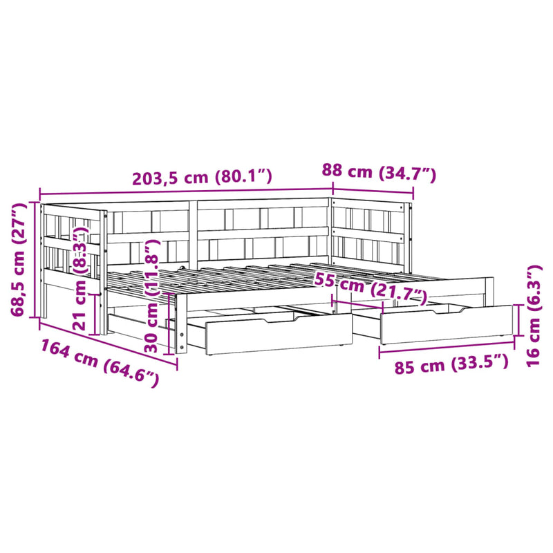 Uttrekkbar dagseng med skuffer hvit 80x200 cm heltre furu